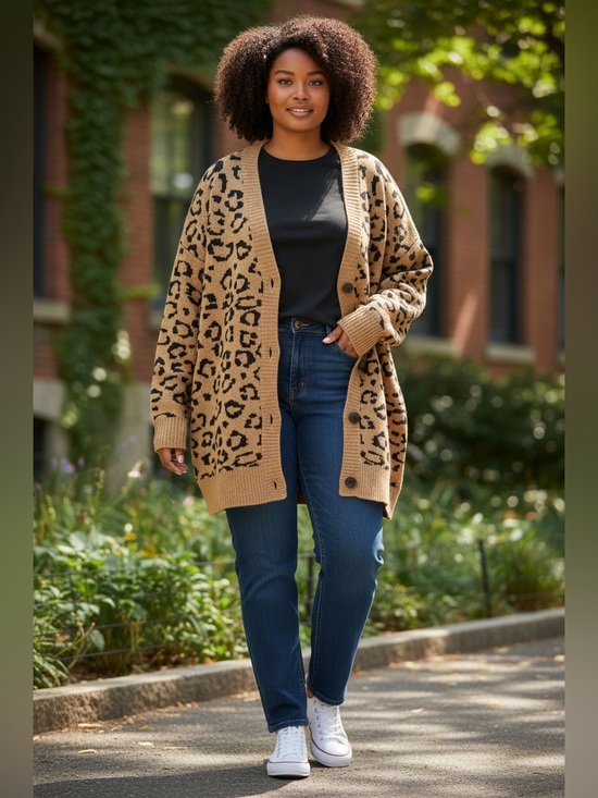 Reitmans Sweaters - Reitmans Camel and Black Leopard Print Button-Front Cardigan
